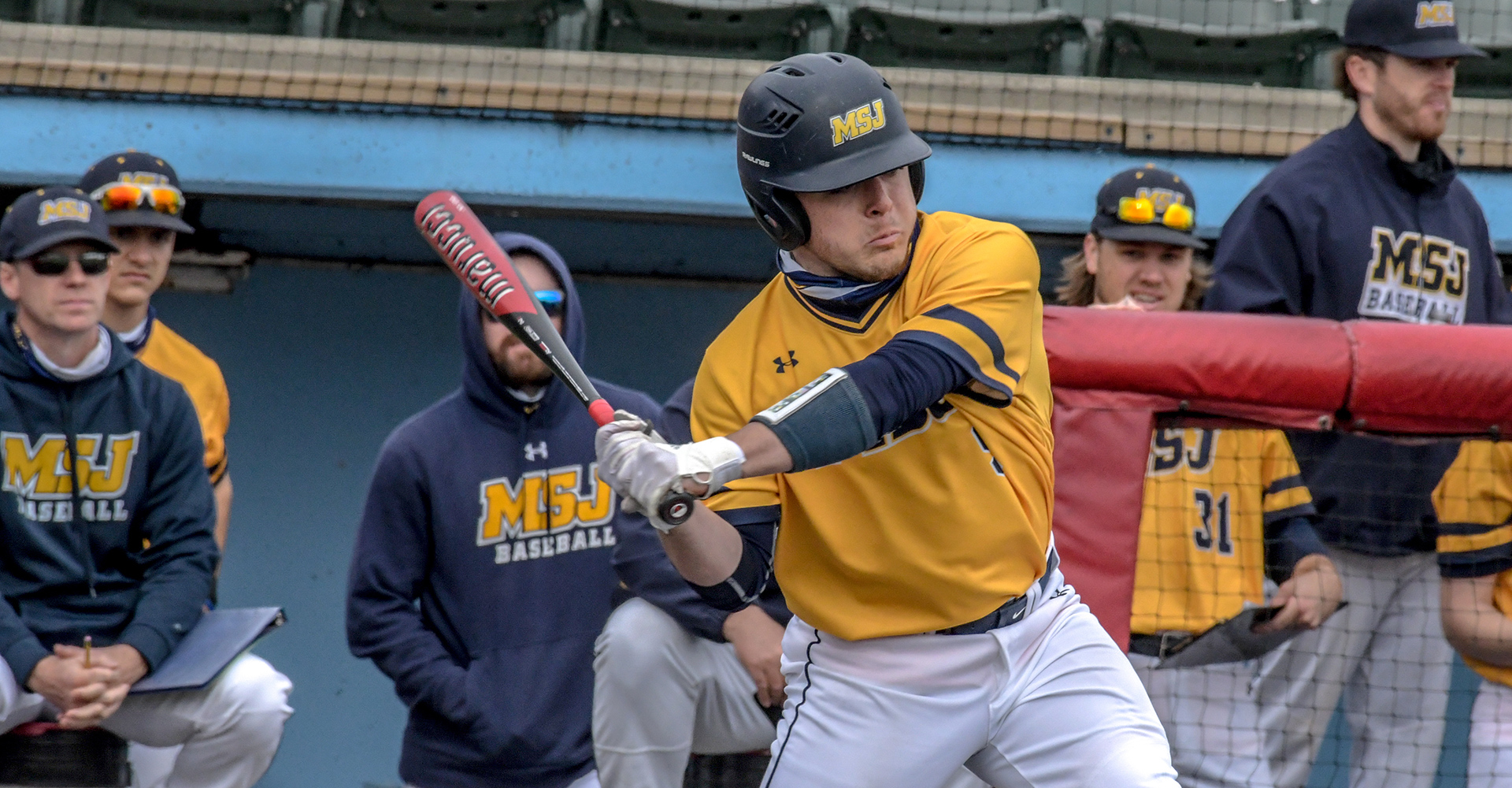 MSJ baseball player up to bat at game on field.
