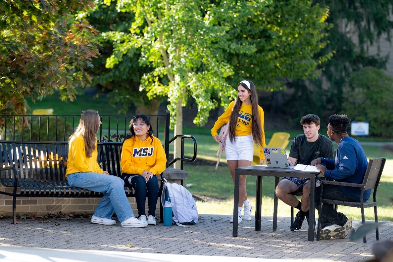 students on laptops outside