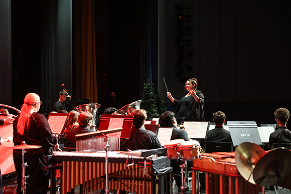 Orchestra with a conductor conducting