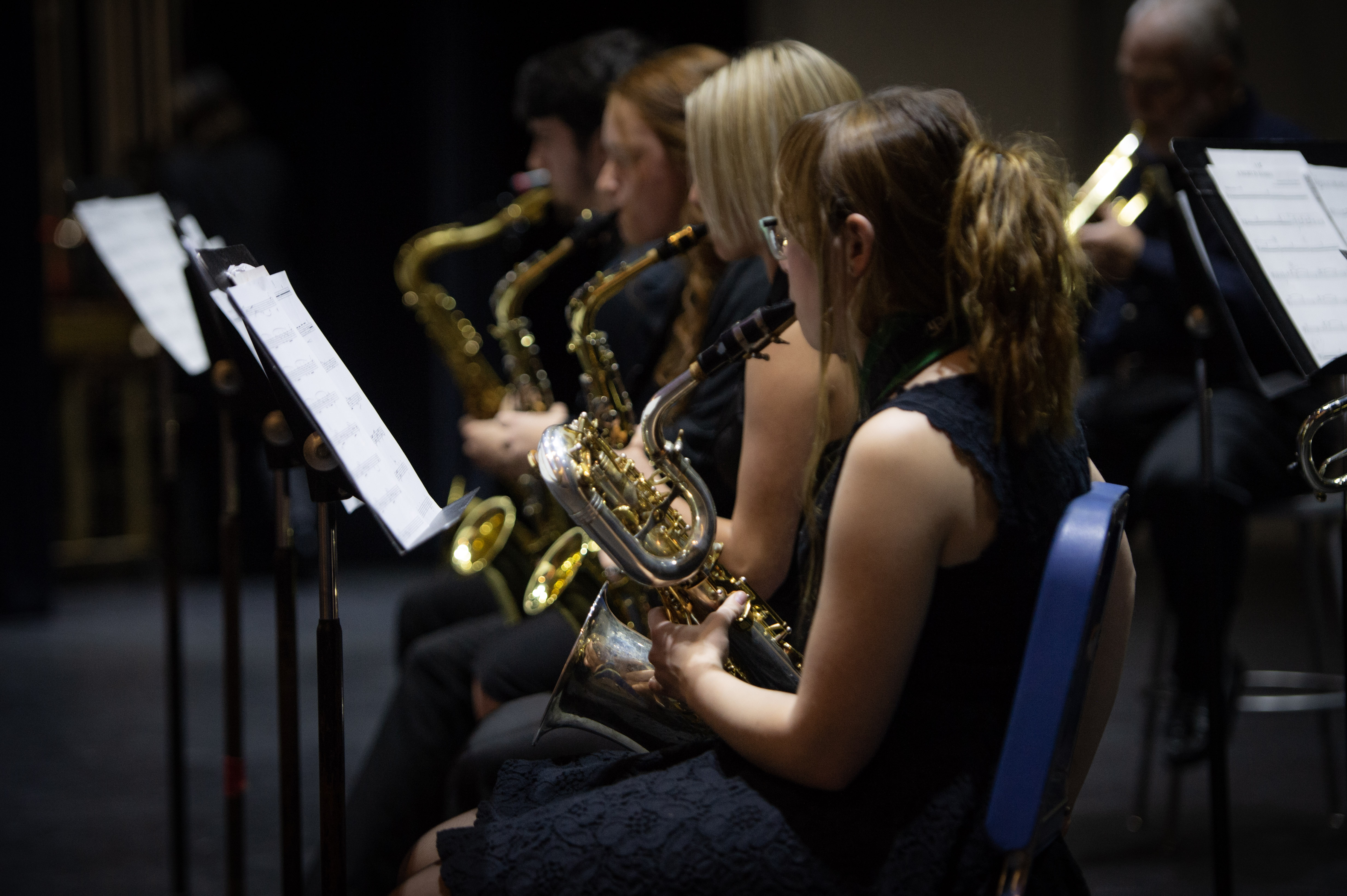 MSJ jazz band practicing on University Theatre stage.