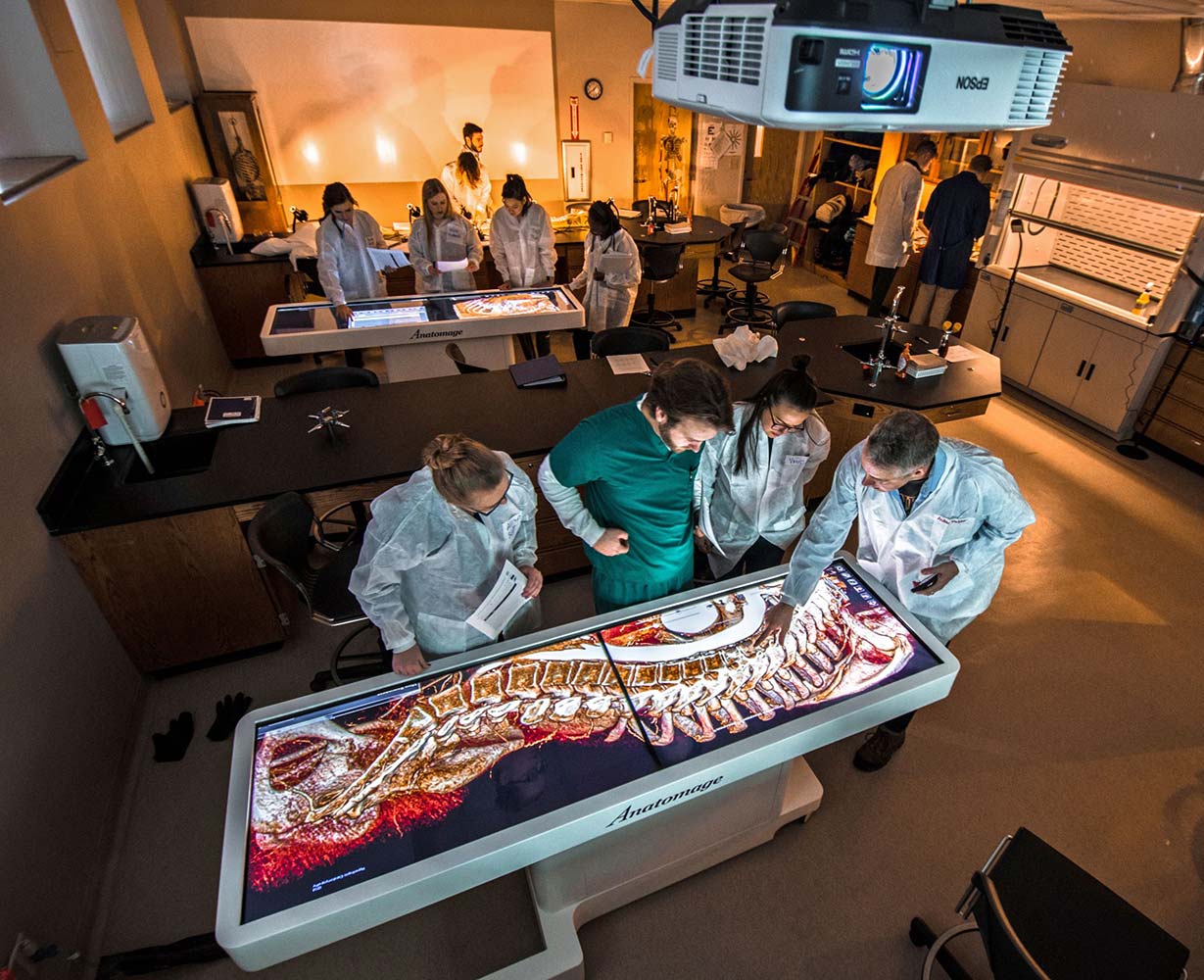 Photo of Physician Assistant students using an anatomage table.
